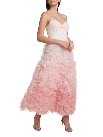 Pre-owned Marchesa Notte Strapless Ombre Tulle Midi Dress Pink Floral Size Us 8