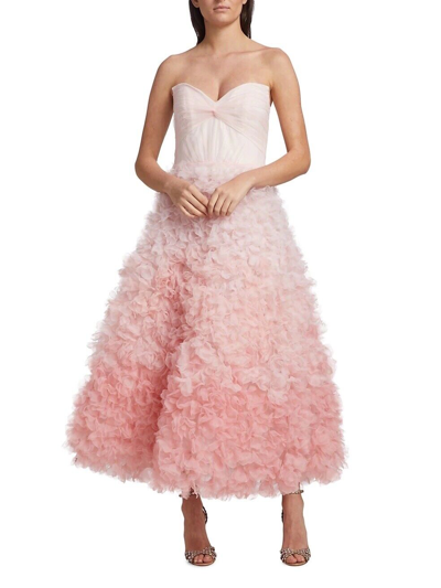 Pre-owned Marchesa Notte Strapless Ombre Tulle Midi Dress Pink Floral Size Us 8