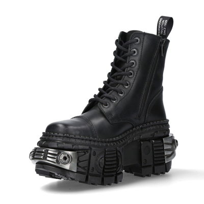 Pre-owned New Rock Rock Boots Wall083c-s4 Unisex Metallic Black Leather Platform Gothic Boots