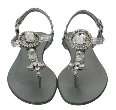 Pre-owned Dolce & Gabbana Dolce&gabbana Women Silver Strappy Sandals Polyester Crystals Casual Flips Flops