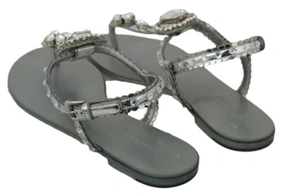 Pre-owned Dolce & Gabbana Dolce&gabbana Women Silver Strappy Sandals Polyester Crystals Casual Flips Flops