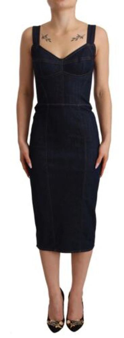 Pre-owned Dolce & Gabbana Dolce&gabbana Women Navy Blue Dress Cotton Blend Denim Sheath Bodycon Wrap It 38