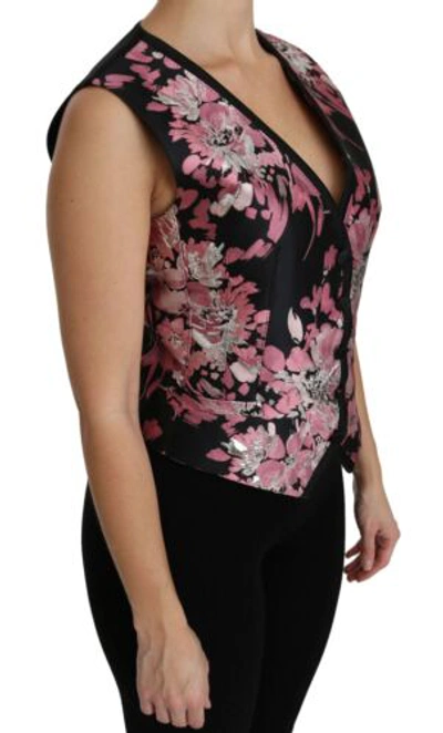 Pre-owned Dolce & Gabbana Dolce&gabbana Women Pink Black Waistcoat Polyester Floral Brocade Pattern Vest