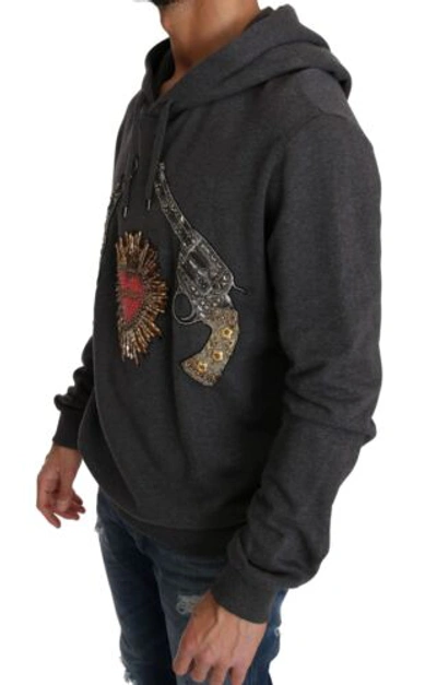 Pre-owned Dolce & Gabbana Dolce&gabbana Men Gray Sweater Cotton Crystals Heart Embroidered Hooded Pullover