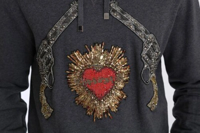 Pre-owned Dolce & Gabbana Dolce&gabbana Men Gray Sweater Cotton Crystals Heart Embroidered Hooded Pullover