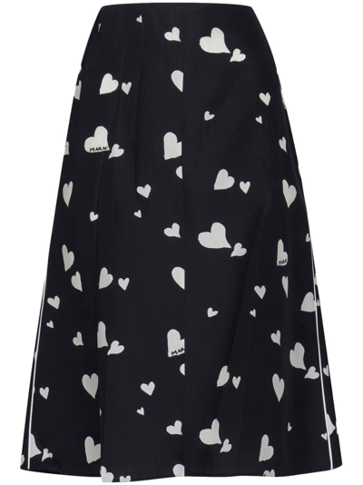 Shop Marni Bunch Of Hearts Silk Flared Skirt In Black