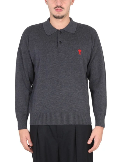 Shop Ami Alexandre Mattiussi "ami De Coeur" Polo Shirt In Grey