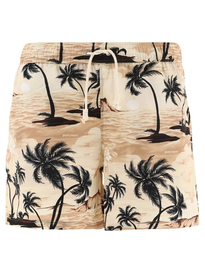 Shop Palm Angels "hawaiian Dream" Swimshorts In Beige