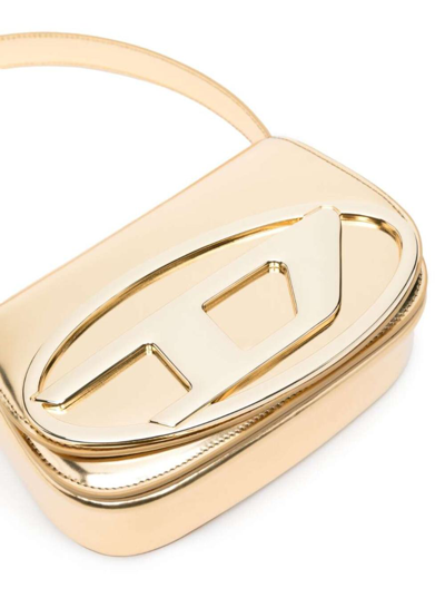 Shop Diesel '1dr' Gold-colored Handbag With Electroplated Oval D Plaque In Glossy Mirrored-leather Woman In Metallic