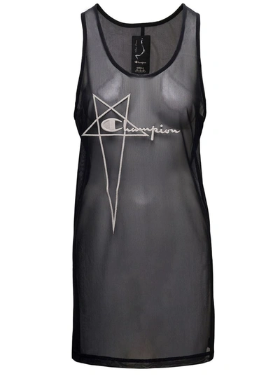 Shop Rick Owens 'basketball' Mini Black Dress With Pentagram Embroidery At The Front In Micromesh Woman