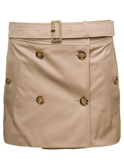 Shop Burberry 'brielle' Beige Mini Skirt With Belt And Button Fastening In Cotton Woman
