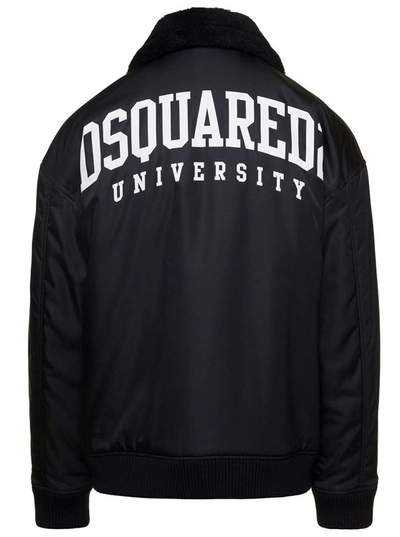 Shop Dsquared2 'ciprus' Black Bomber Jacket With Contrasting Logo Patch And Print In Nylon Man