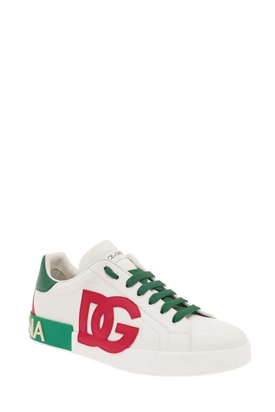 Shop Dolce & Gabbana 'portofino' White Low Top Sneakers With Dg Logo And Contrasting Details In Leather Man