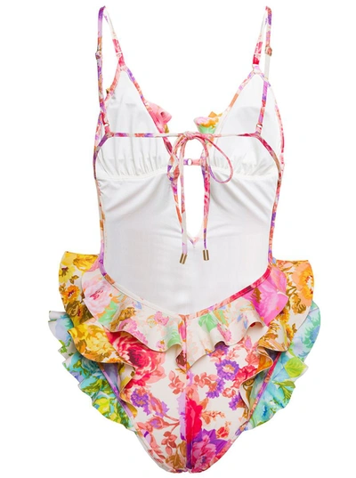 Shop Zimmermann 'raje' Multicolor One-piece Swimsuit With Floreal Print And Frills In Stretch Polyamide Woman