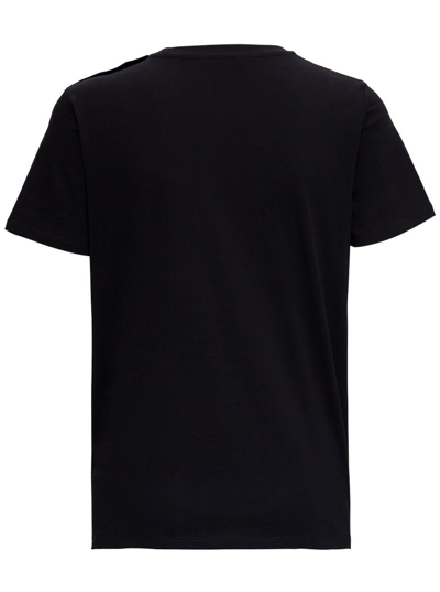 Shop Balmain Black Crewneck T-shirt With Logo Print And Golden Buttons In Jersey Woman