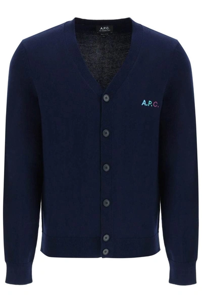 Shop Apc A.p.c. 'joseph' Cardigan With Embroidered Logo Detail In Blue