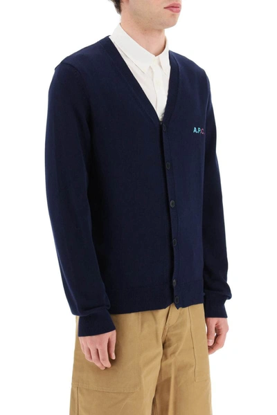 Shop A.p.c. 'joseph' Cardigan With Embroidered Logo Detail In Blue