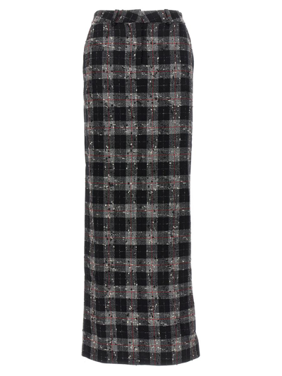 Alessandra Rich Maxi Skirt In Boucle' Fabric With Check Motif In Black