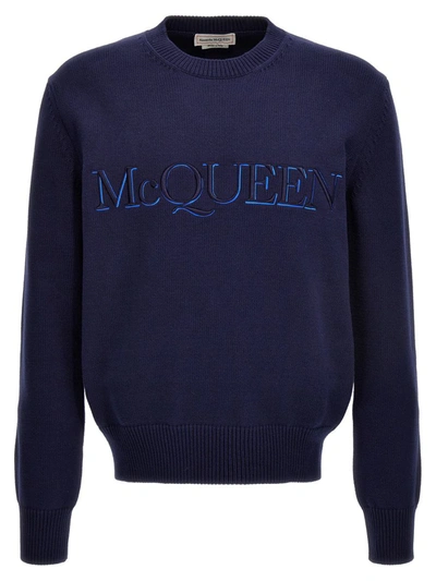 Shop Alexander Mcqueen Logo Embroidered Sweater In Blue