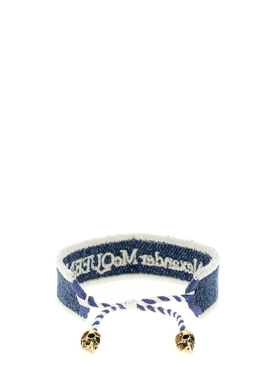 Shop Alexander Mcqueen Logo Embroidery Denim Bracelet In Blue