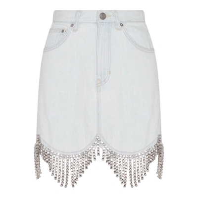 Area Crystal Trim Denim Bustier Top In Pale Blue