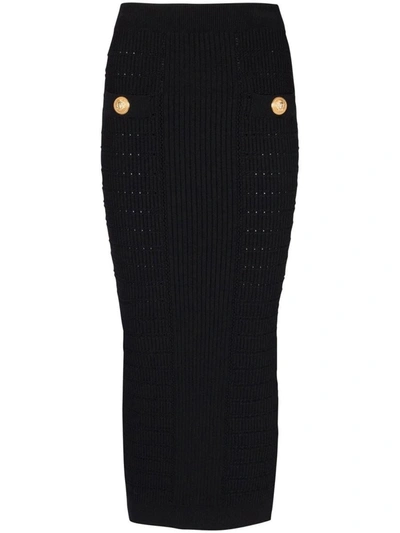 Shop Balmain Button-embossed Knit Midi Pencil Skirt In Black