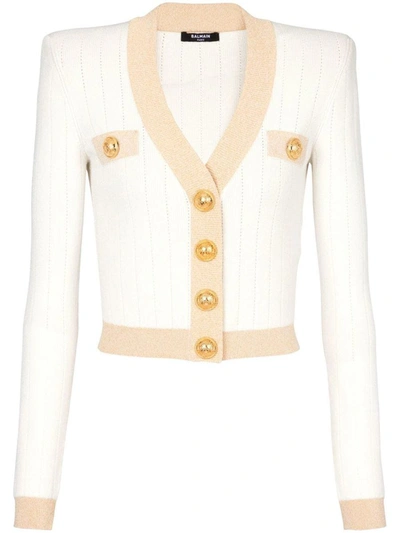 Shop Balmain Ribbed-knit Cropped Cardigan In Bianco E Oro
