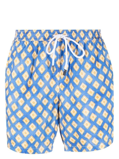 Shop Barba Swim Shorts With Yellow Rhombus In Blue