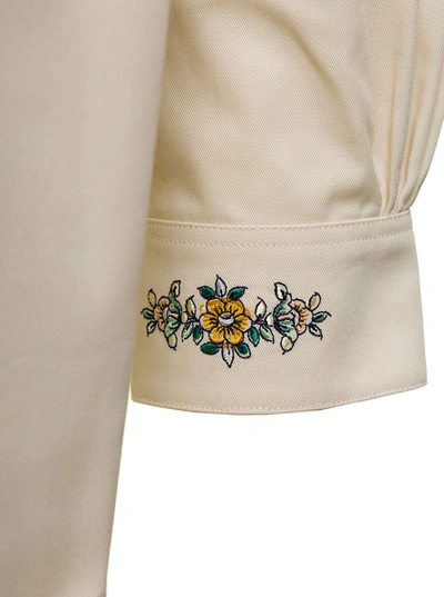 Shop Drôle De Monsieur Beige Shirt With  Drôle Fleurie Embroidery On Cuffs And Back In Cotton Man