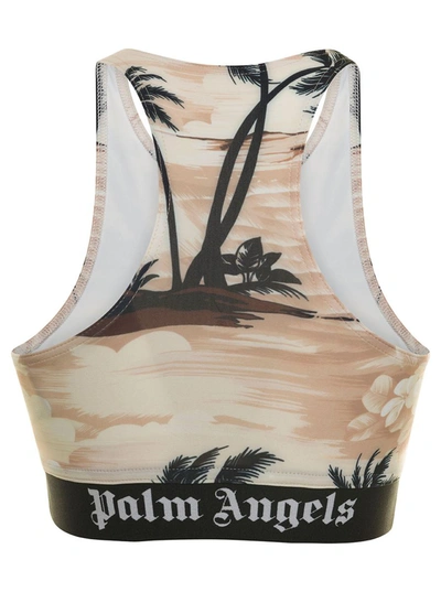 Shop Palm Angels Beige Sports Bra With Miami Print And Elastic Band In Stretch Fabric Woman