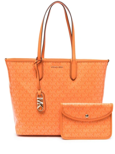 Shop Michael Michael Kors Big Orange Tote Bag With All-over Monogram And Logo Charm In Faux Leather Woman