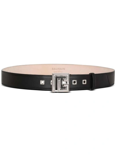 Shop Balmain Black Belt With Logo Buckle In Smooth Leather Man