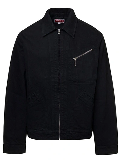 Shop Kenzo Black Zip-up Jacket With Logo Patch In Stretch Cotton Denim Man