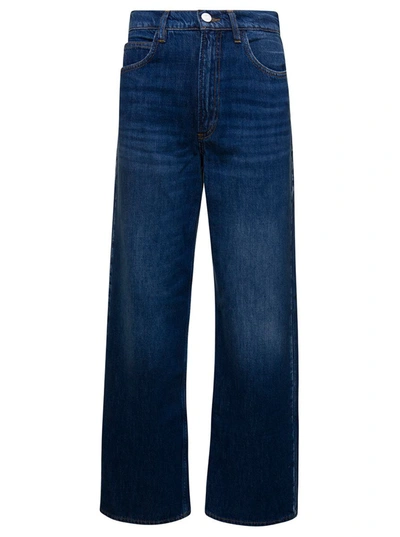 Shop Frame Blue Five-pocket Style Straight Jeans With Contrasting Stitching In Cotton Denim Woman