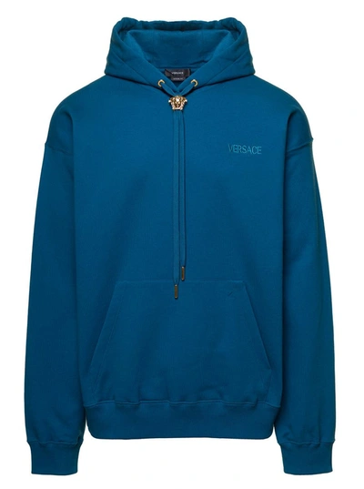 Shop Versace Blue Hoodie With Medusa Drawstring In Cotton Man