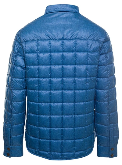 Shop Save The Duck Blue Quilted Down Jacket With Logo Patch In Denim Printed Nylon Man In Light Blue