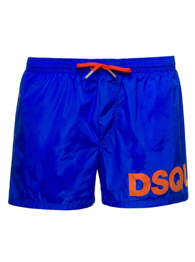 Shop Dsquared2 Blue Swim Trunks With Logo Print In Polyammide Man