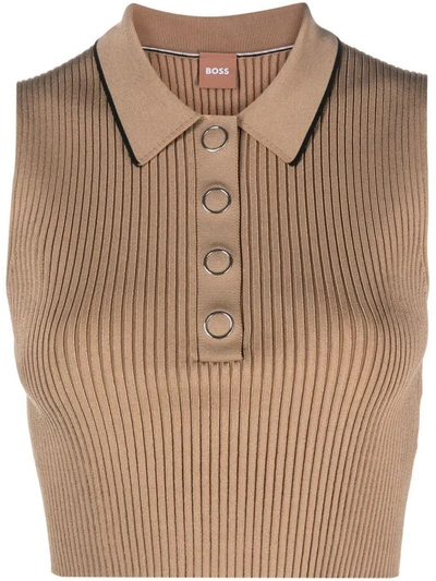 Shop Hugo Boss Boss Cropped Knit Vest In Beige
