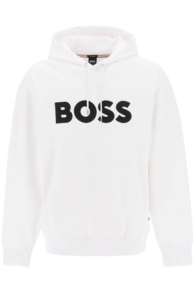 Shop Hugo Boss Boss Logo Patch Hoodie In White