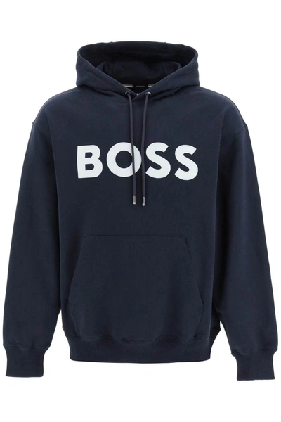 Shop Hugo Boss Boss Oversized Logo Hoodie In Blue