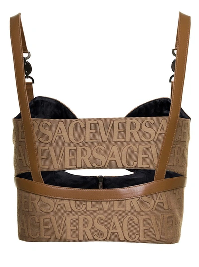 Shop Versace Brown Bustier Top With Medusa And Cut-out In Canvas Woman In Beige
