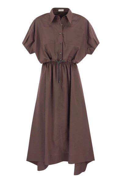 Shop Brunello Cucinelli Cotton Poplin Dress With Matching Shirt In Burgundy
