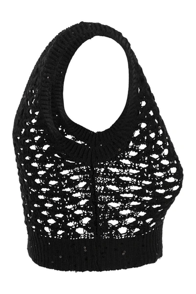 Shop Brunello Cucinelli Dazzling Net Knitted Top In Cotton, Linen And Silk In Black