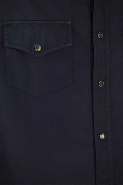 Shop Brunello Cucinelli Garment-dyed Easy-fit Twill Shirt With Press Studs, Epaulettes And Pockets In Blue
