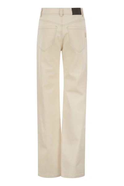 Shop Brunello Cucinelli Loose Trousers In Garment-dyed Comfort Denim With Shiny Tab In Ecru