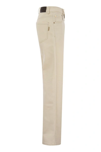 Shop Brunello Cucinelli Loose Trousers In Garment-dyed Comfort Denim With Shiny Tab In Ecru