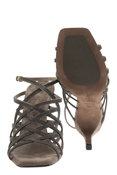 Shop Brunello Cucinelli Precious Net Suede High Sandals In Brown