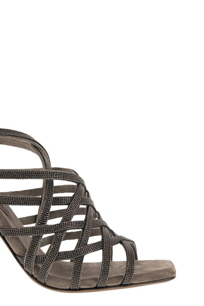 Shop Brunello Cucinelli Precious Net Suede High Sandals In Brown