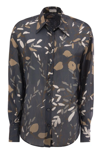 Shop Brunello Cucinelli Ramage Print Silk Pongee Shirt With Necklace In Blue