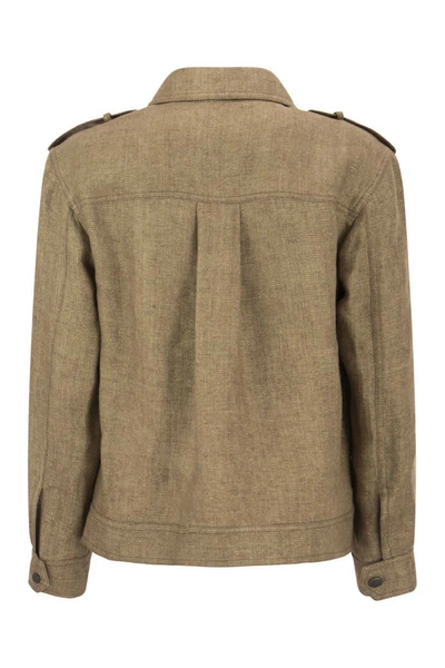 Shop Brunello Cucinelli Sparkling Washed Linen Twill Jacket With Precious D-ring In Gold